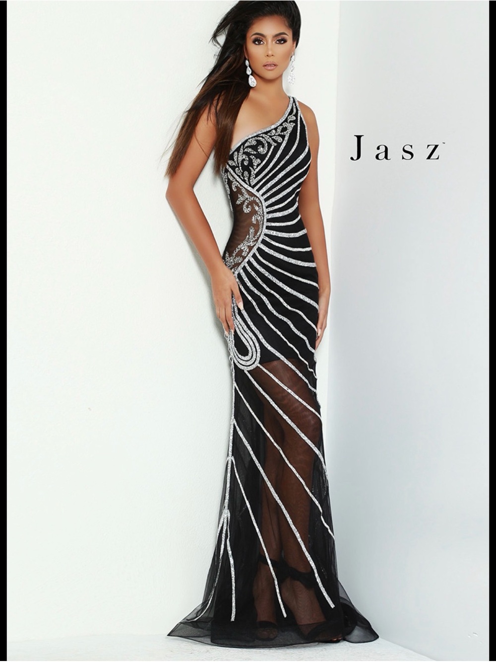 Jasz Black One-Shoulder Embellished Evening Gown